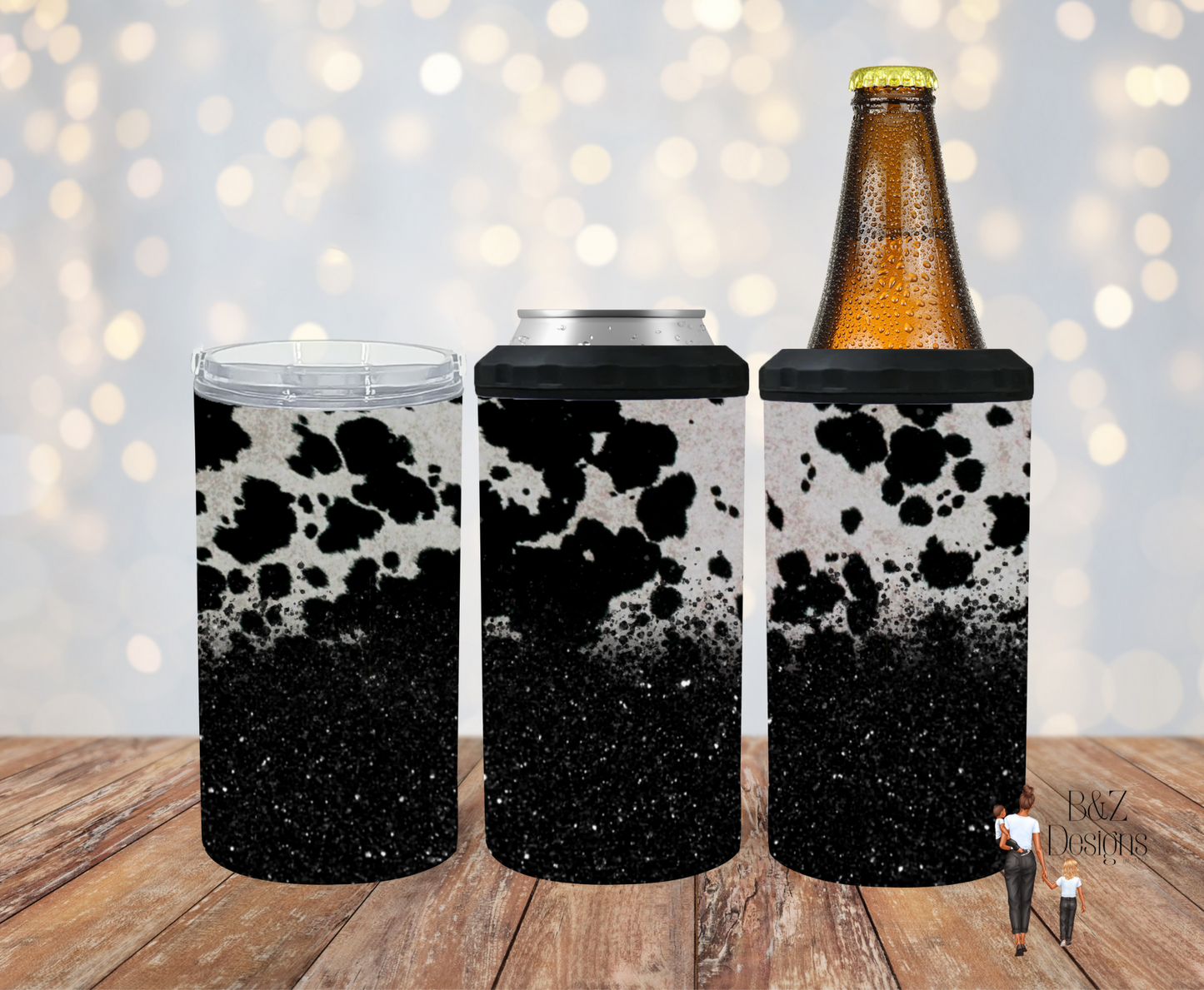 Black Glitter & Cow Print Can Cooler Combo