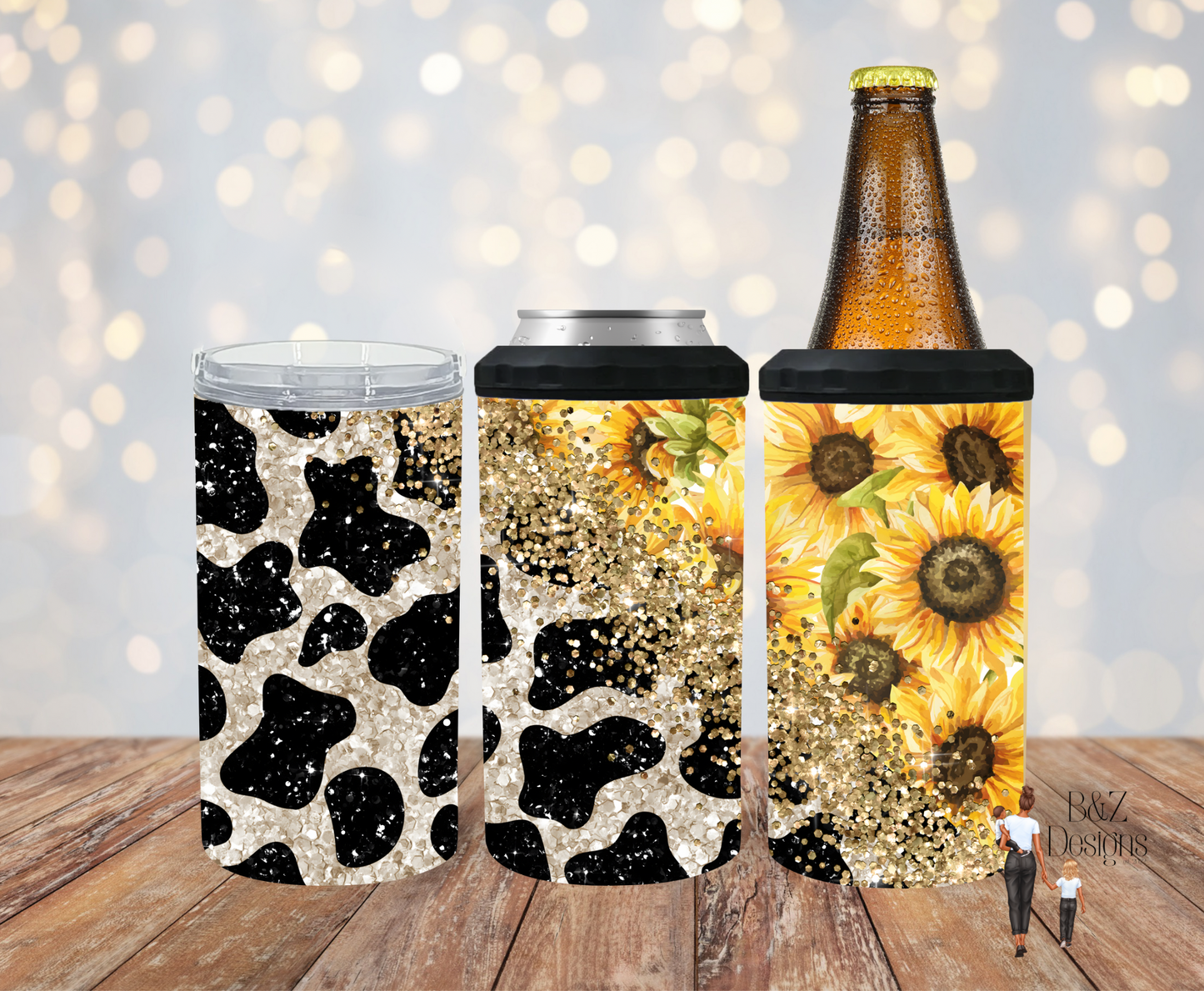 Sunflower/Cow Glitter Can Cooler Combo