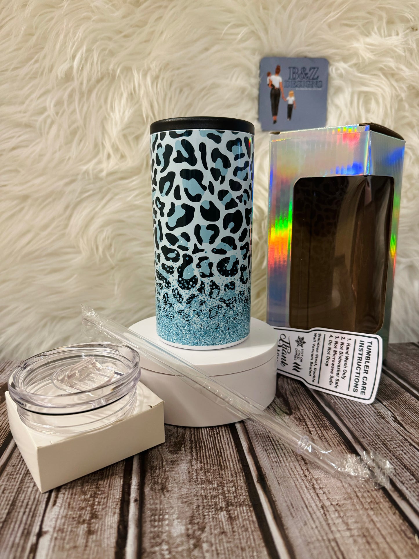 Blue Leopard & Glitter 12oz Can Cooler Combo