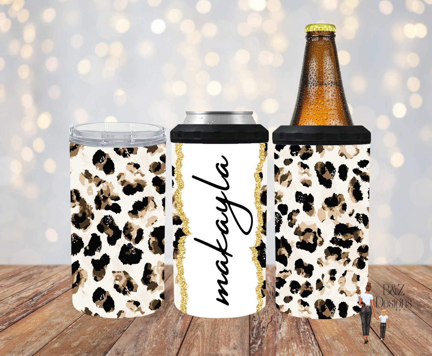 Custom Name Leopard Can Cooler Combo