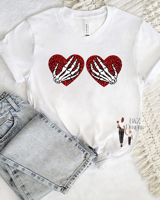 Skeleton Hands On Boob Hearts Tee/Crew